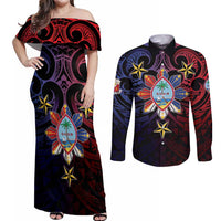 Philippines Guam Couples Matching Off Shoulder Maxi Dress and Long Sleeve Button Shirt Filipino Sun With Guaman Seal