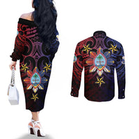 Philippines Guam Couples Matching Off The Shoulder Long Sleeve Dress and Long Sleeve Button Shirt Filipino Sun With Guaman Seal