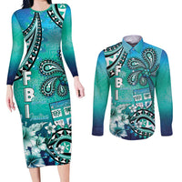 Fiji Born Indian Couples Matching Long Sleeve Bodycon Dress and Long Sleeve Button Shirt Palm Paisley With Tapa Pattern
