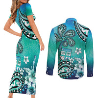 Fiji Born Indian Couples Matching Short Sleeve Bodycon Dress and Long Sleeve Button Shirt Palm Paisley With Tapa Pattern