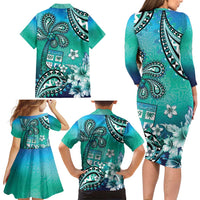 Fiji Born Indian Family Matching Long Sleeve Bodycon Dress and Hawaiian Shirt Palm Paisley With Tapa Pattern