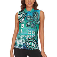 Fiji Born Indian Women Sleeveless Polo Shirt Palm Paisley With Tapa Pattern