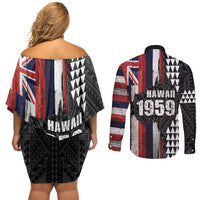 Hawaii 1959 Statehood Day Couples Matching Off Shoulder Short Dress and Long Sleeve Button Shirt Classic Style