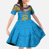 Personalised Tuvalu Independence Day Family Matching Summer Maxi Dress and Hawaiian Shirt Coat Of Arms With Polynesian Dolphin Tattoo LT05 Daughter's Dress Blue - Polynesian Pride