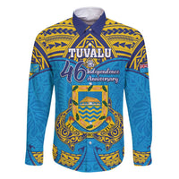 Personalised Tuvalu Independence Day Family Matching Summer Maxi Dress and Hawaiian Shirt Coat Of Arms With Polynesian Dolphin Tattoo LT05 Dad's Shirt - Long Sleeve Blue - Polynesian Pride
