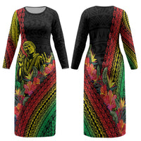 Retro Hawaiian Singer Family Matching Long Sleeve Bodycon Dress and Hawaiian Shirt Polynesian Style Tropical Flowers LT05 Mom's Dress Black - Polynesian Pride