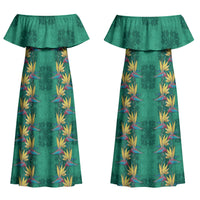Hawaii Waikiki King Couples Matching Off Shoulder Maxi Dress and Hawaiian Shirt Green Quilt With Pua Manu LT05 - Polynesian Pride