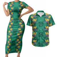 Hawaii Waikiki King Couples Matching Short Sleeve Bodycon Dress and Hawaiian Shirt Green Quilt With Pua Manu LT05 Green - Polynesian Pride