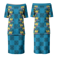 Hawaii Waikiki King Couples Matching Puletasi and Long Sleeve Button Shirt Blue Quilt With Pua Manu LT05 - Polynesian Pride
