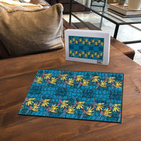 Hawaii Waikiki King Puzzle Blue Quilt With Pua Manu
