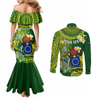 Personalized Cook Islands Couples Matching Mermaid Dress and Long Sleeve Button Shirts Coat Of Arms Plumeria Polynesian Turtle LT05 - Polynesian Pride