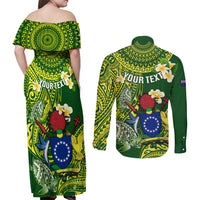 Personalized Cook Islands Couples Matching Off Shoulder Maxi Dress and Long Sleeve Button Shirts Coat Of Arms Plumeria Polynesian Turtle LT05 - Polynesian Pride