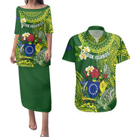 Personalized Cook Islands Couples Matching Puletasi Dress and Hawaiian Shirt Coat Of Arms Plumeria Polynesian Turtle LT05 Green - Polynesian Pride