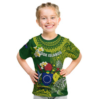 Personalized Cook Islands Kid T Shirt Coat Of Arms Plumeria Polynesian Turtle LT05 Green - Polynesian Pride