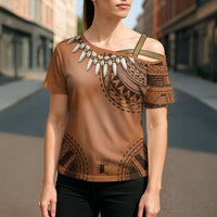 Polynesian Chief Inspired Costume Cross Shoulder Shirt Tribal Pattern With Tooth Necklace