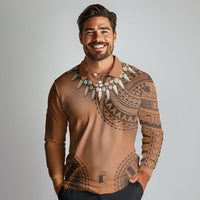 Polynesian Chief Inspired Costume Long Sleeve Polo Shirt Tribal Pattern With Tooth Necklace