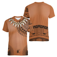 Polynesian Chief Inspired Costume Women V-Neck T-Shirt Tribal Pattern With Tooth Necklace