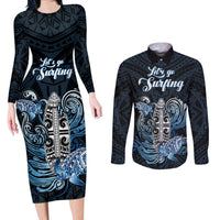 Personalised Polynesia Go Surfing Couples Matching Long Sleeve Bodycon Dress and Long Sleeve Button Shirt The Pacific Wave Of Water LT05 Blue - Polynesian Pride