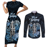 Personalised Polynesia Go Surfing Couples Matching Short Sleeve Bodycon Dress and Long Sleeve Button Shirt The Pacific Wave Of Water LT05 Blue - Polynesian Pride