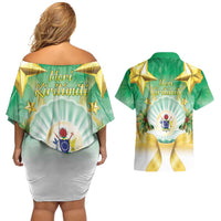 Cook Islands Christmas Couples Matching Off Shoulder Short Dress and Hawaiian Shirt Seashell Santa Beach Vibes - Polynesian Pride