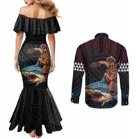 Hawaii Ikaika Couples Matching Mermaid Dress and Long Sleeve Button Shirt Hawaiian Mythic Koa Tribal Warrior