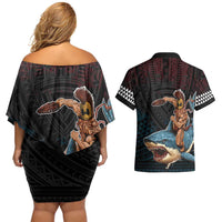 Hawaii Ikaika Couples Matching Off Shoulder Short Dress and Hawaiian Shirt Hawaiian Mythic Koa Tribal Warrior