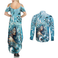 Hawaii Namaka Goddess Of The Sea Couples Matching Summer Maxi Dress and Long Sleeve Button Shirt Polynesian Style LT05 - Polynesian Pride
