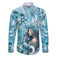 Hawaii Namaka Goddess Of The Sea Family Matching Puletasi and Hawaiian Shirt Polynesian Style LT05 Dad's Shirt - Long Sleeve Turquoise - Polynesian Pride