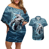 Hawaiian Shark God Kamohoalii Couples Matching Off Shoulder Short Dress and Hawaiian Shirt Polynesian Style LT05 Blue - Polynesian Pride