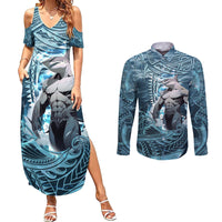 Hawaiian Shark God Kamohoalii Couples Matching Summer Maxi Dress and Long Sleeve Button Shirt Polynesian Style LT05 Blue - Polynesian Pride