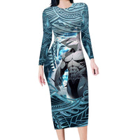 Hawaiian Shark God Kamohoalii Long Sleeve Bodycon Dress Polynesian Style LT05 Long Dress Blue - Polynesian Pride