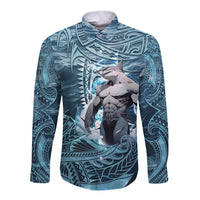 Hawaiian Shark God Kamohoalii Long Sleeve Button Shirt Polynesian Style LT05 Unisex Blue - Polynesian Pride