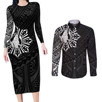 Philippines Tribal Couples Matching Long Sleeve Bodycon Dress and Long Sleeve Button Shirt King Lapu Lapu Black Version