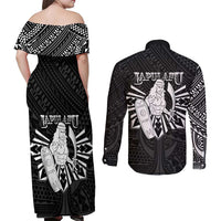 Philippines Tribal Couples Matching Off Shoulder Maxi Dress and Long Sleeve Button Shirt King Lapu Lapu Black Version