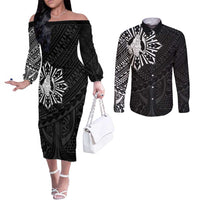 Philippines Tribal Couples Matching Off The Shoulder Long Sleeve Dress and Long Sleeve Button Shirt King Lapu Lapu Black Version