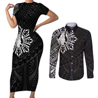 Philippines Tribal Couples Matching Short Sleeve Bodycon Dress and Long Sleeve Button Shirt King Lapu Lapu Black Version