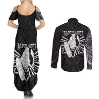 Philippines Tribal Couples Matching Summer Maxi Dress and Long Sleeve Button Shirt King Lapu Lapu Black Version