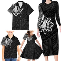 Philippines Tribal Family Matching Long Sleeve Bodycon Dress and Hawaiian Shirt King Lapu Lapu Black Version