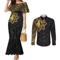 Philippines Tribal Couples Matching Mermaid Dress and Long Sleeve Button Shirt King Lapu Lapu Gold Version