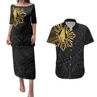 Philippines Tribal Couples Matching Puletasi and Hawaiian Shirt King Lapu Lapu Gold Version