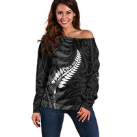 Personalised New Zealand Chur Bro Off Shoulder Sweater Maori Koru With Silver Fern LT05 Women Black - Polynesian Pride