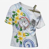 Northern Mariana Islands Chamorro Cross Shoulder Shirt Plumeria Curves Style White Version
