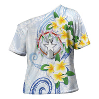 Northern Mariana Islands Chamorro Cross Shoulder Shirt Plumeria Curves Style White Version