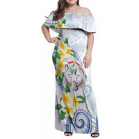 Northern Mariana Islands Chamorro Family Matching Off Shoulder Maxi Dress and Hawaiian Shirt Plumeria Curves Style White Version