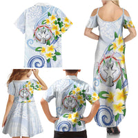 Northern Mariana Islands Chamorro Family Matching Summer Maxi Dress and Hawaiian Shirt Plumeria Curves Style White Version