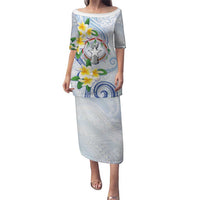 Northern Mariana Islands Chamorro Puletasi Plumeria Curves Style White Version LT05 Long Dress White - Polynesian Pride