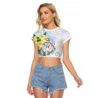 Northern Mariana Islands Chamorro Raglan Cropped T Shirt Plumeria Curves Style White Version LT05 Female White - Polynesian Pride