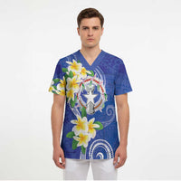 Northern Mariana Islands Chamorro Scrub Top Plumeria Curves Style Navy Version