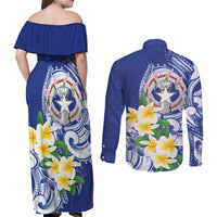 Northern Mariana Islands Couples Matching Off Shoulder Maxi Dress and Long Sleeve Button Shirt Polynesian Pattern With Frangipani