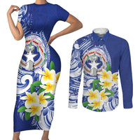 Northern Mariana Islands Couples Matching Short Sleeve Bodycon Dress and Long Sleeve Button Shirt Polynesian Pattern With Frangipani LT05 Navy - Polynesian Pride
